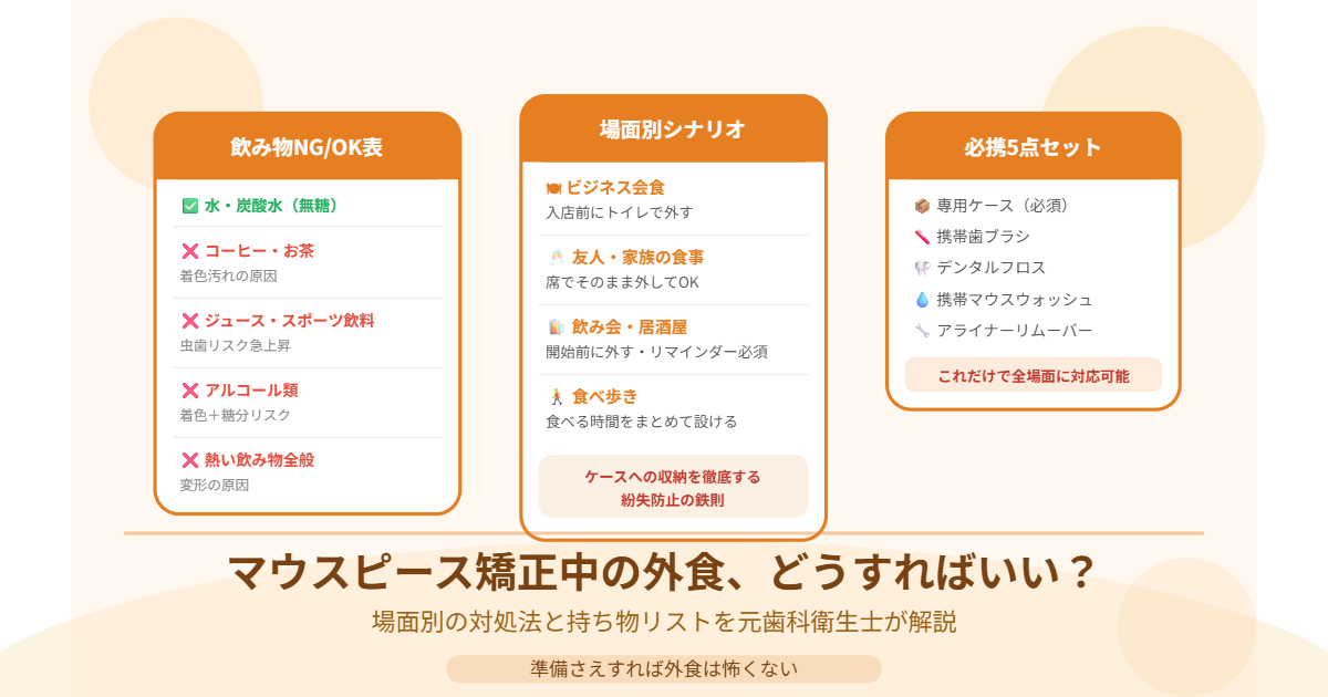 マウスピース矯正中の外食対処法を解説したアイキャッチ画像。飲み物NG/OK表・場面別シナリオ・必携5点セットを図解