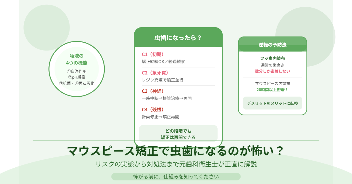 マウスピース矯正で虫歯になるリスクと対処法を解説したアイキャッチ画像。C1〜C4の進行度別影響とフッ素内塗布の逆転予防法を図解