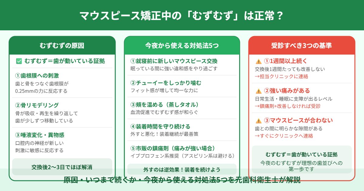マウスピース矯正中のむずむずの原因・対処法5つ・受診すべき判断基準3点を解説したアイキャッチ画像