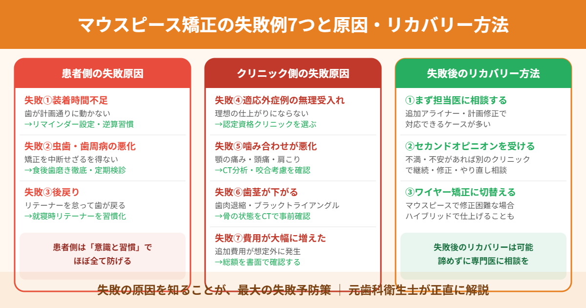 マウスピース矯正の失敗例7つを患者側・クリニック側に分類し、リカバリー方法まで解説したアイキャッチ画像