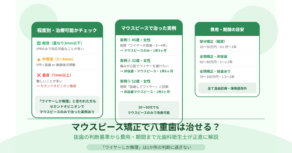 マウスピース矯正で八重歯が治せるか、程度別判断基準と実例3つを解説したアイキャッチ画像